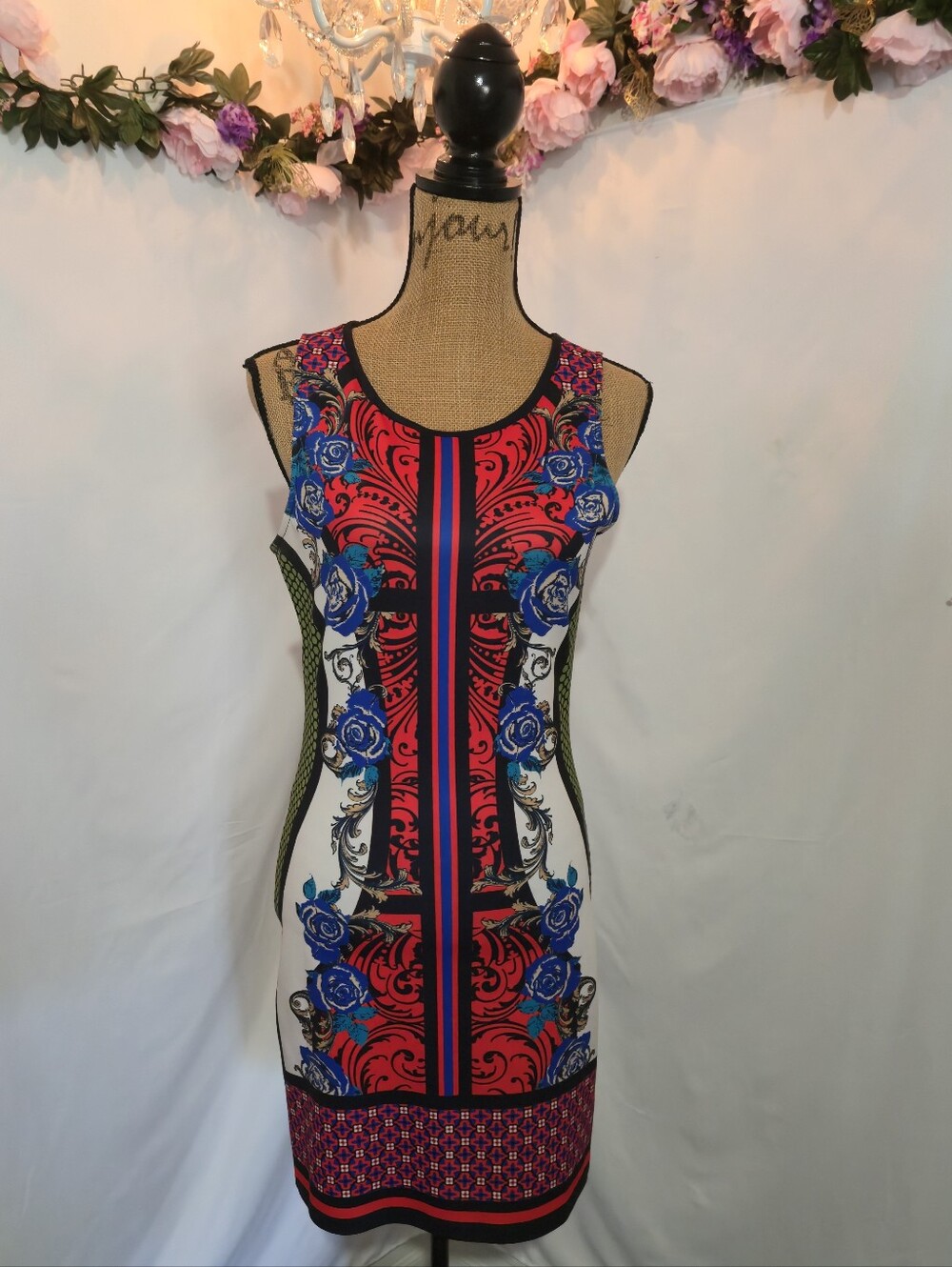 Flying Tomato Sleeveless Baroque Floral Mini Dress - Red, Blue, White